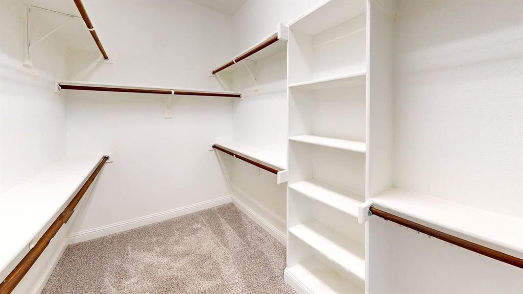 Walk-in closet featuring white built-in shelving, integrated tiered clothing rods, and wall-to-wall carpeting