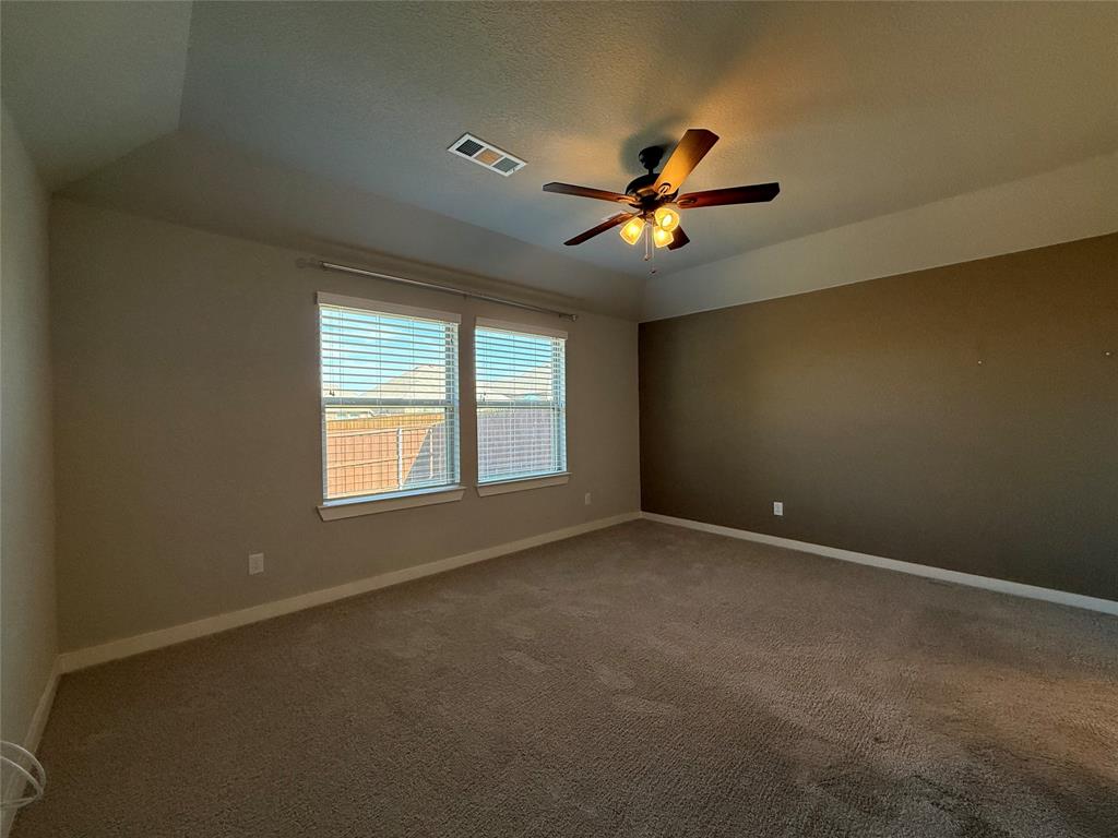 Tray ceiling, dual-tone wall finishes, wall-to-wall carpeting, and a central ceiling fan with integrated lighting