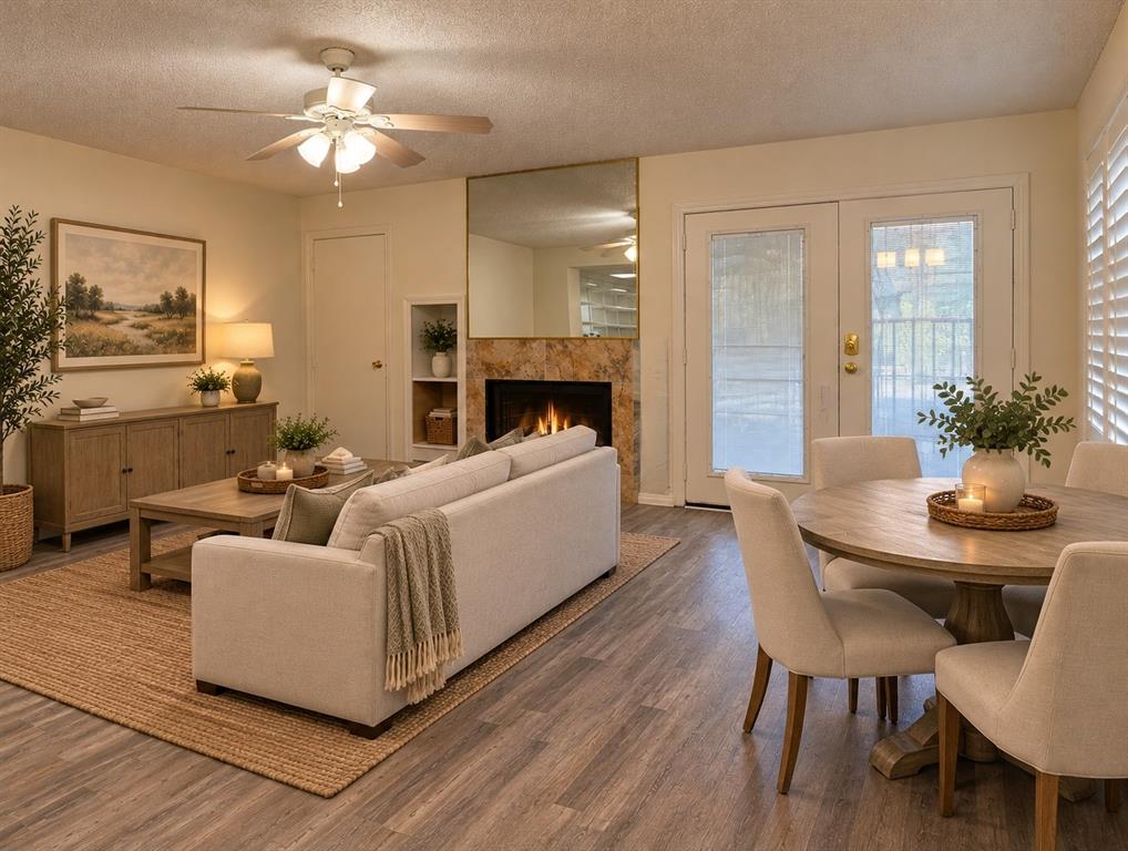 Virtually Staged Living Room and combined Dining Room with wood burning Fireplace