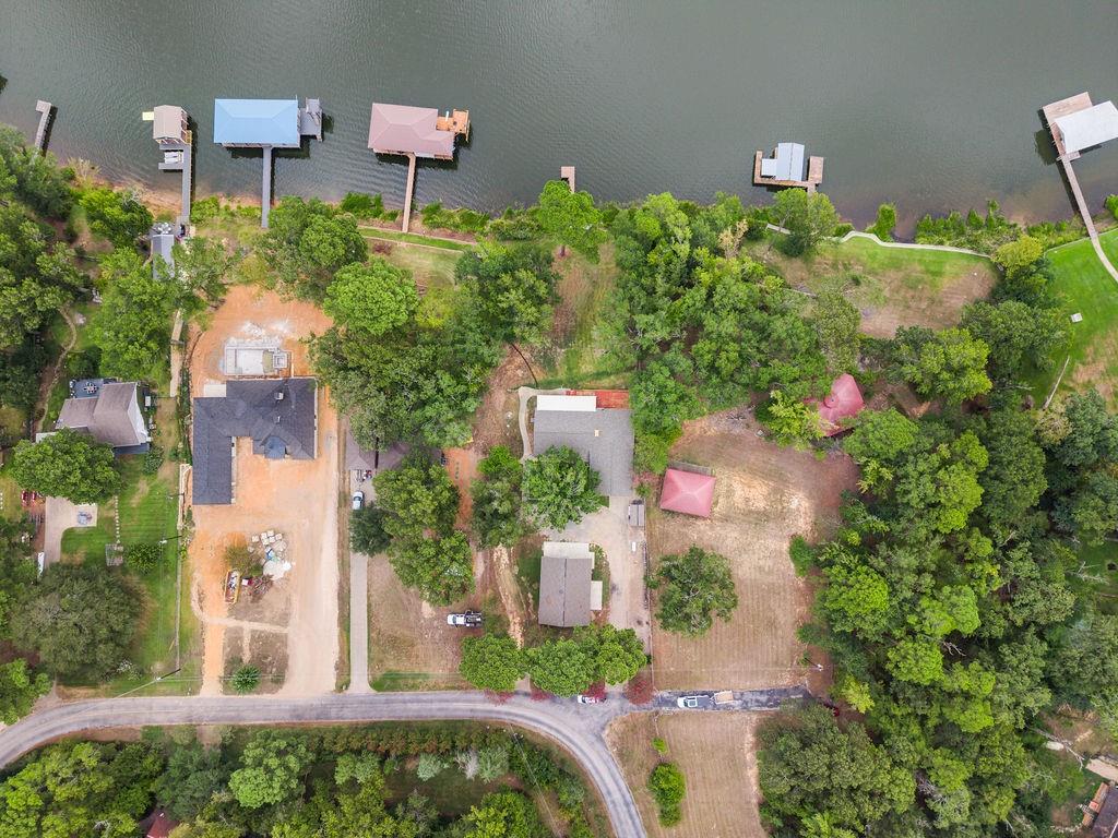 Aerial perspective featuring deep-water shoreline, private boat dock, mature tree canopy, and expansive lot