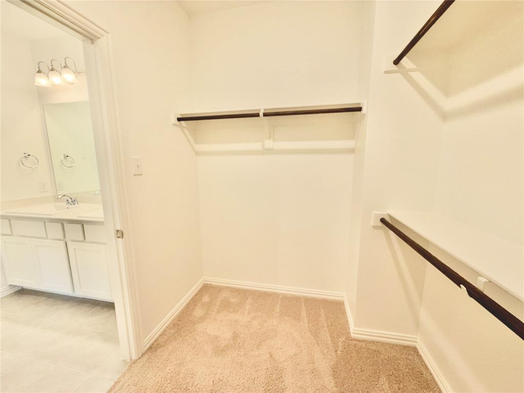 Walk-in storage featuring tiered wall-mounted shelving and integrated hanging rods, carpeted flooring, and neutral wall finishes