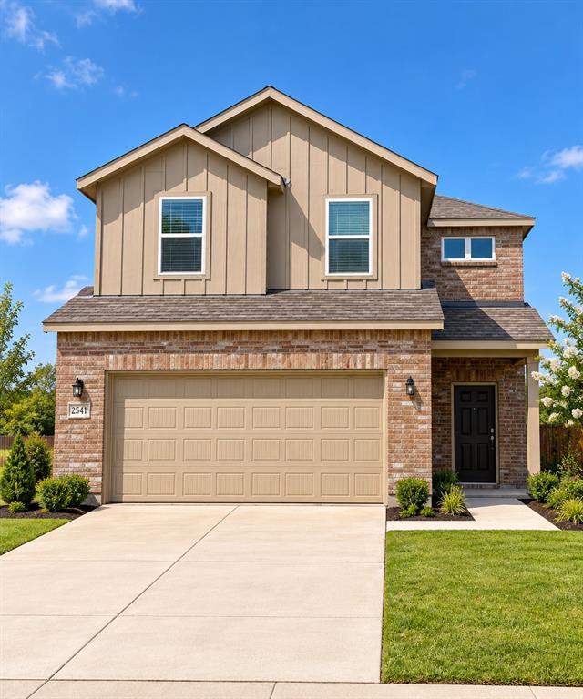 Two-story exterior featuring a brick and vertical siding facade, gabled roofline, concrete driveway, and attached two-car garage Two-story exterior featuring a brick and vertical siding facade, gabled roofline, concrete driveway, and attached two-car garage