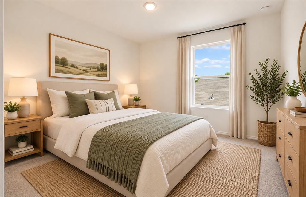 Neutral-toned interior featuring wall-to-wall carpeting, a singular window with black rod hardware, and recessed ceiling lighting