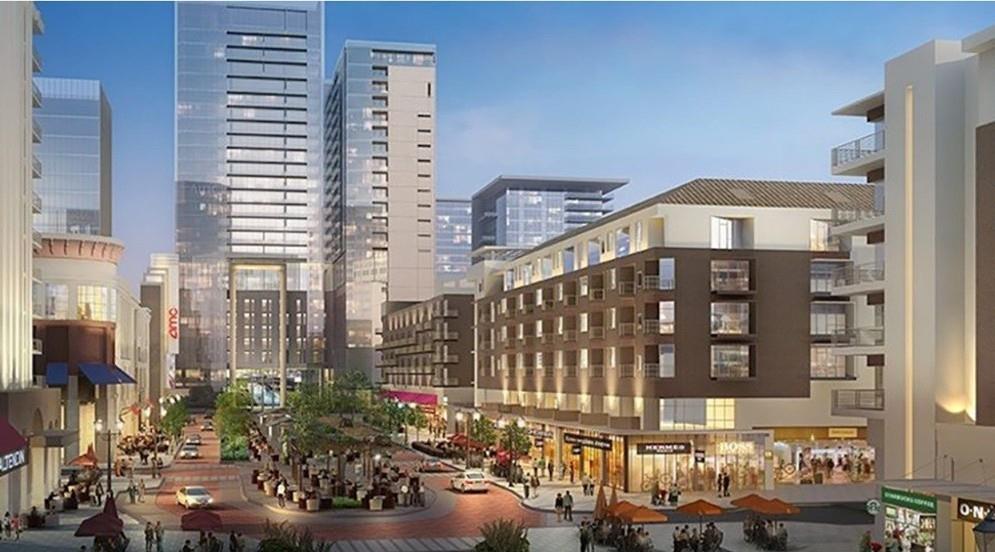 High-density urban development featuring contemporary multi-story structures, integrated ground-level retail space, private balconies, and paved pedestrian plazas