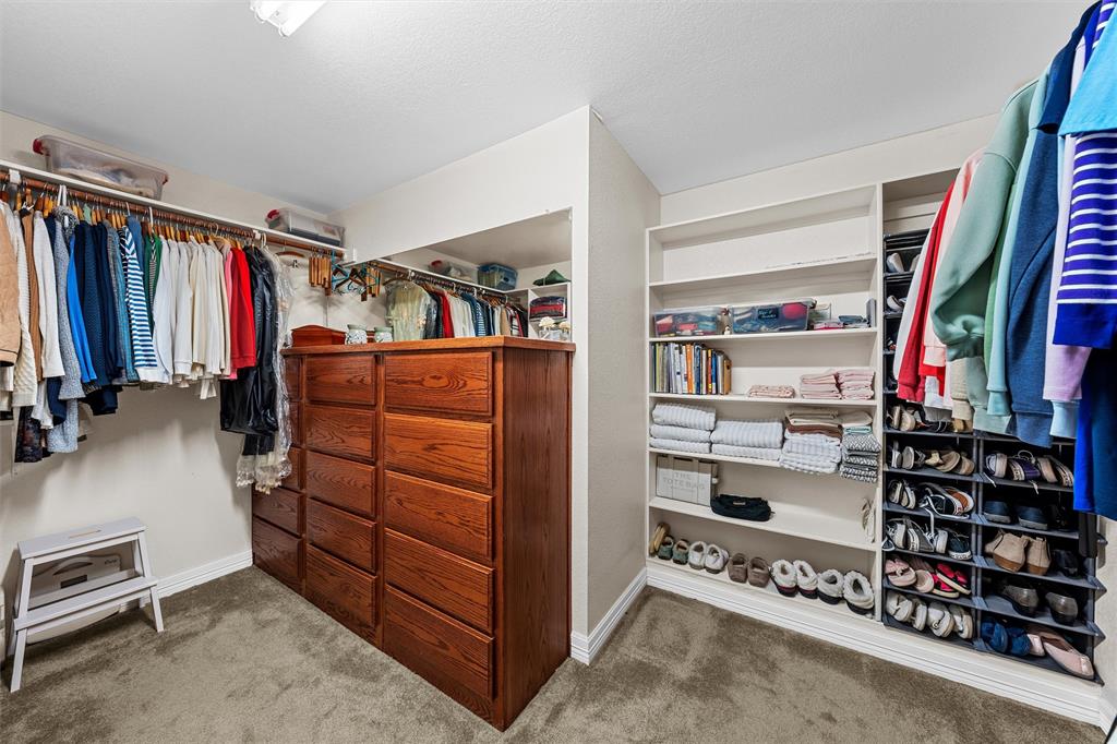 Walk-in closet featuring built-in wood-finish dresser cabinetry, extensive open shelving, multi-level hanging rods, and carpeting