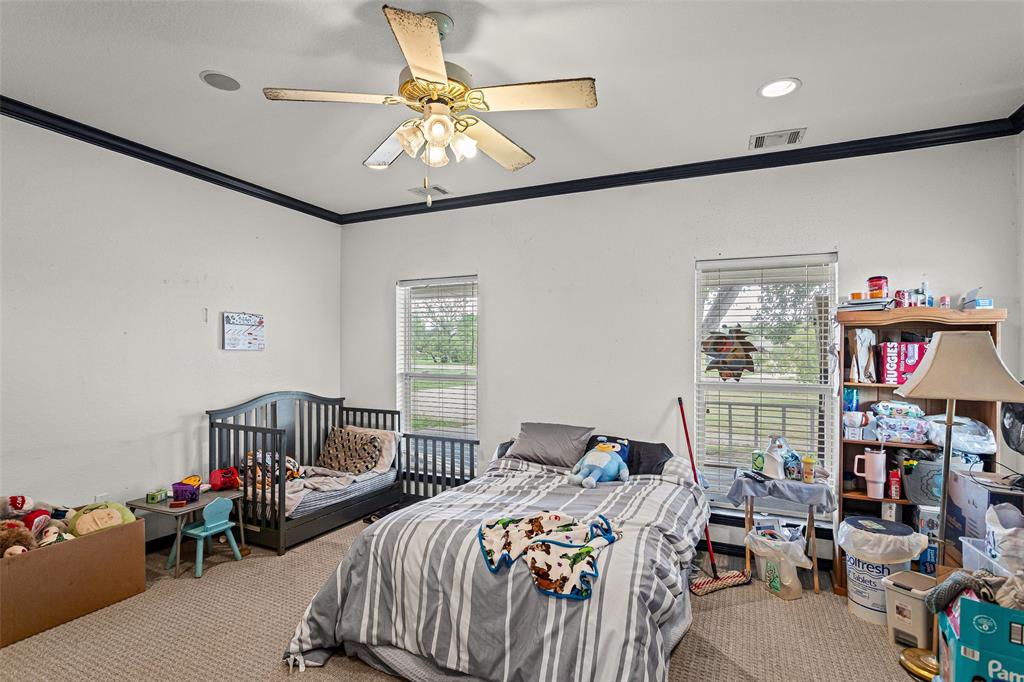 Room featuring neutral carpeting, crown molding, recessed lighting, and a multi-blade ceiling fan