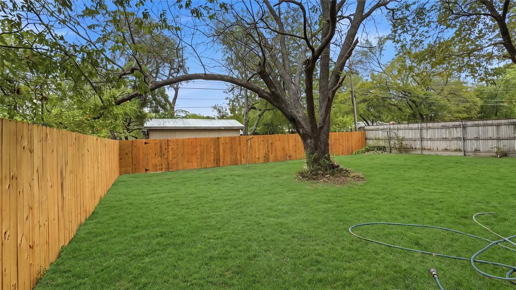 Expansive backyard featuring a natural grass lawn, mature tree, and full-perimeter wood privacy fencing