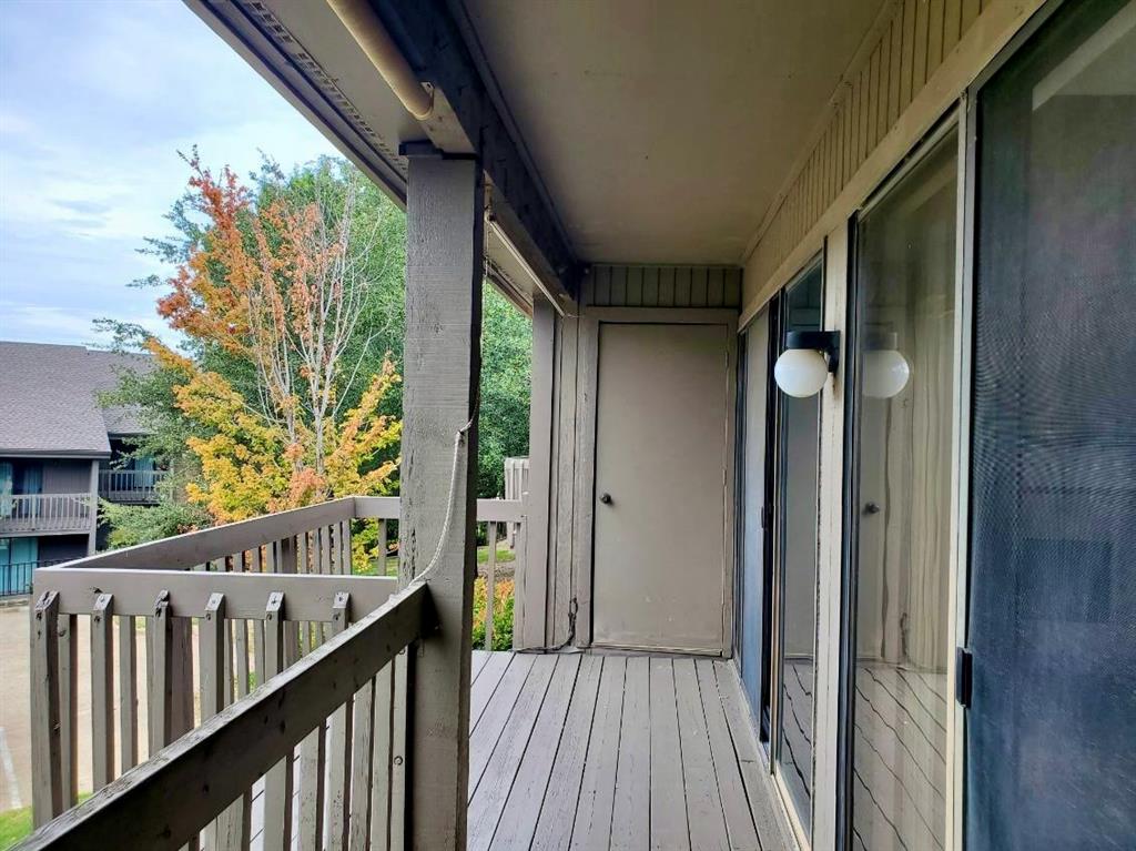 Covered outdoor balcony featuring wood-slat flooring, vertical wood railings, a dedicated exterior storage closet, and a mounted globe-style sconce