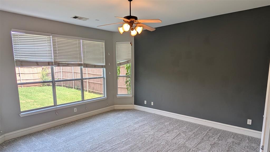 Neutral-toned carpeted flooring, expansive windows with blinds, a dedicated accent wall, and a multi-bulb ceiling fan