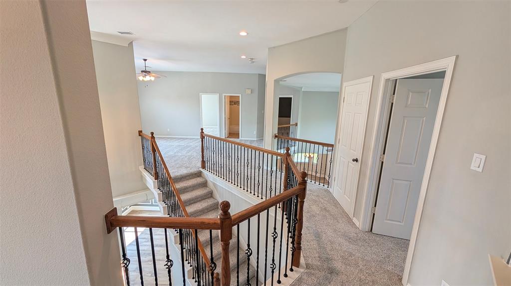 Staircase featuring wood handrails, decorative metal balusters, carpeted flooring, and arched architectural detailing