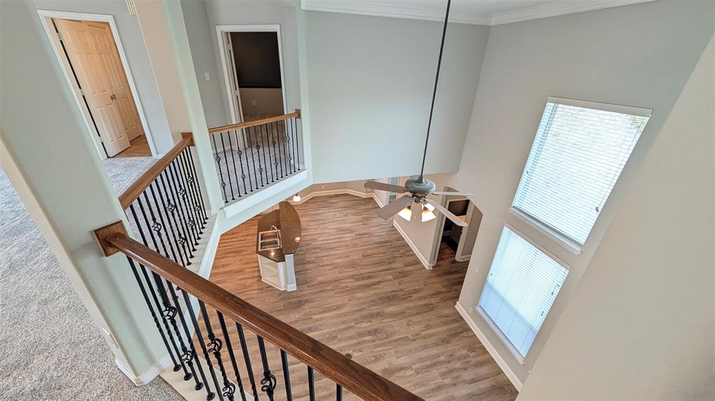 Two-story foyer featuring elevated ceilings, wood-finish flooring, a wrought-iron balustrade with a stained wood handrail, and stacked windows