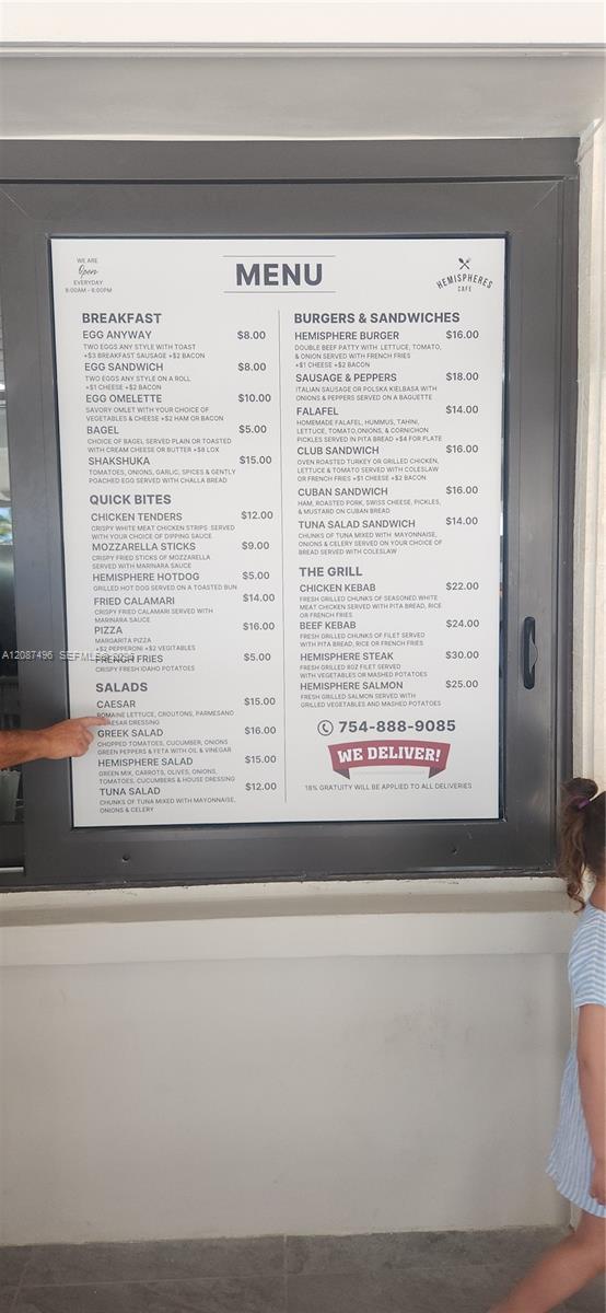 Ocean side pool snack bar menu