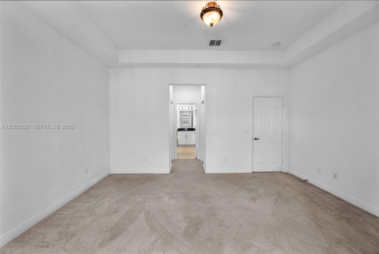 Interior space featuring a recessed tray ceiling, neutral wall-to-wall carpeting, and a flush-mount light fixture