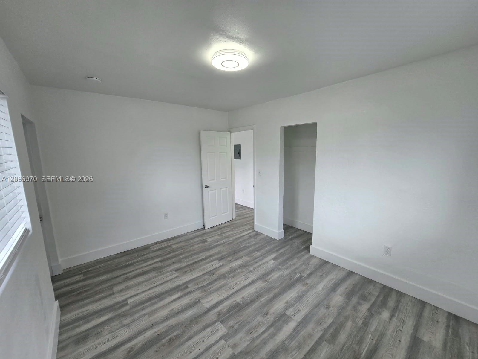 Neutral-toned interior space featuring wood-finish flooring, white walls, a flush-mount ceiling light fixture, a paneled swing door, and an open-entry closet