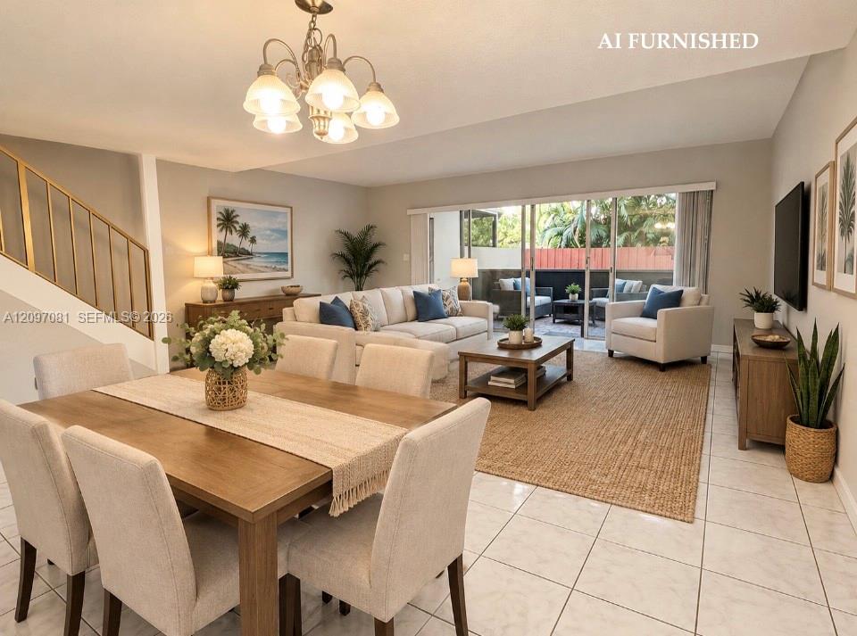 Open floor plan featuring ceramic tile flooring, a multi-arm chandelier, large sliding glass doors, and a decorative staircase railing