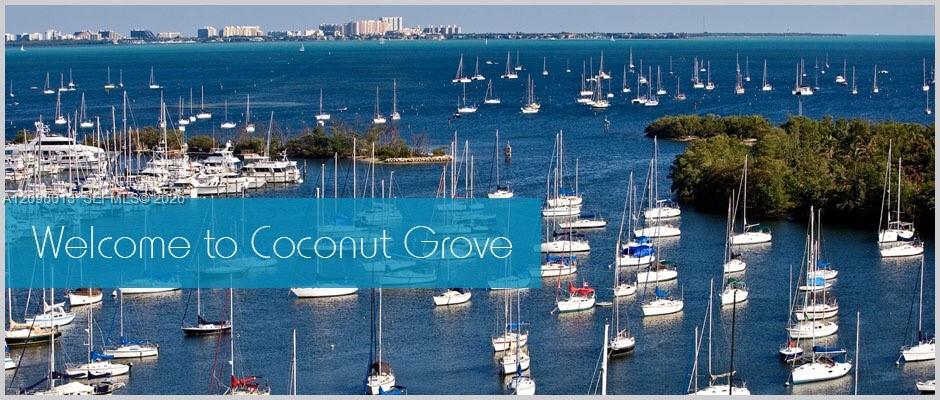 Aerial perspective of Coconut Grove waterfront featuring a marina with numerous docked vessels, sheltered bay waters, and lush island foliage