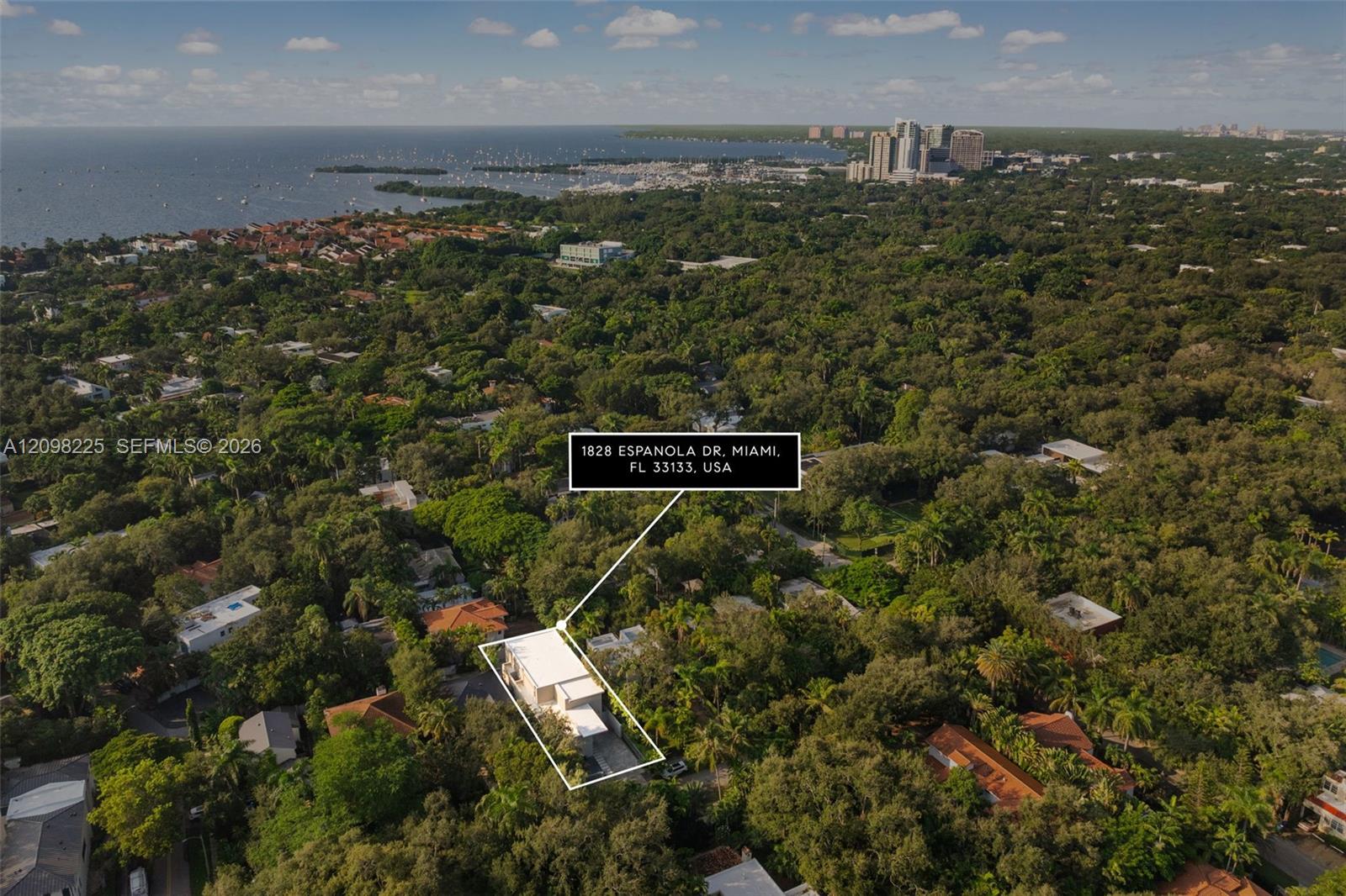 Aerial perspective of a multi-level residence featuring a flat roofline, neutral exterior cladding, and expansive tree canopy coverage