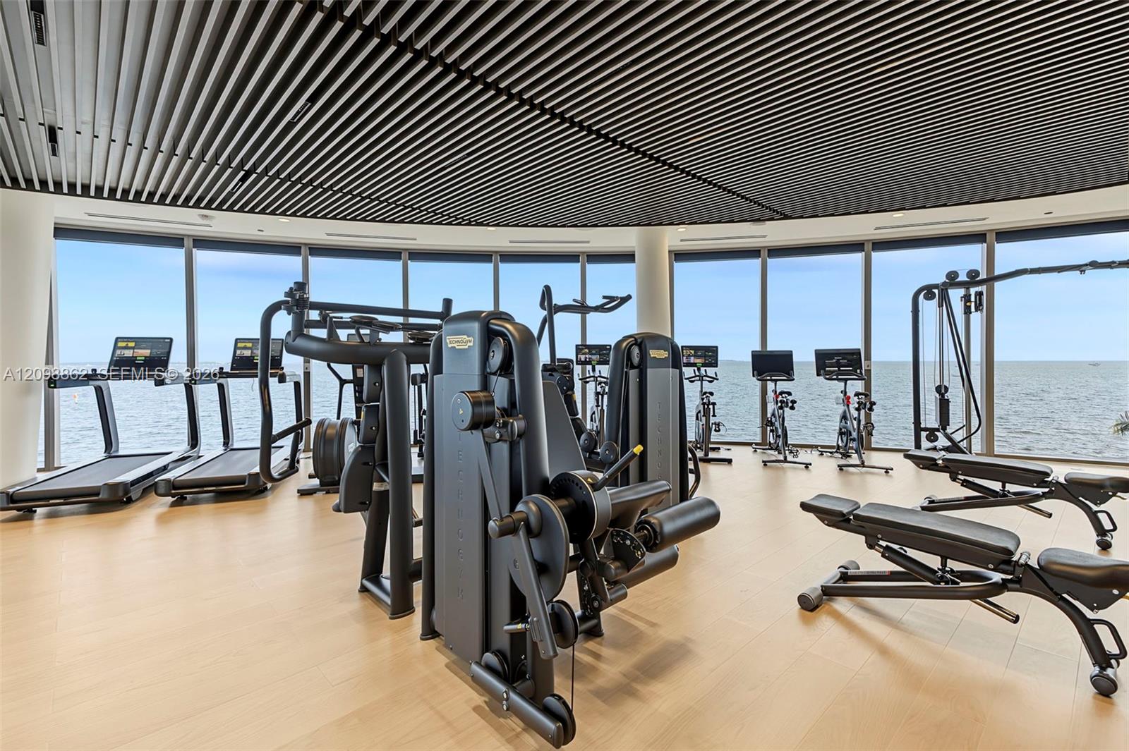Fitness space featuring floor-to-ceiling windows, light-toned wood-finish flooring, and a linear slat ceiling design