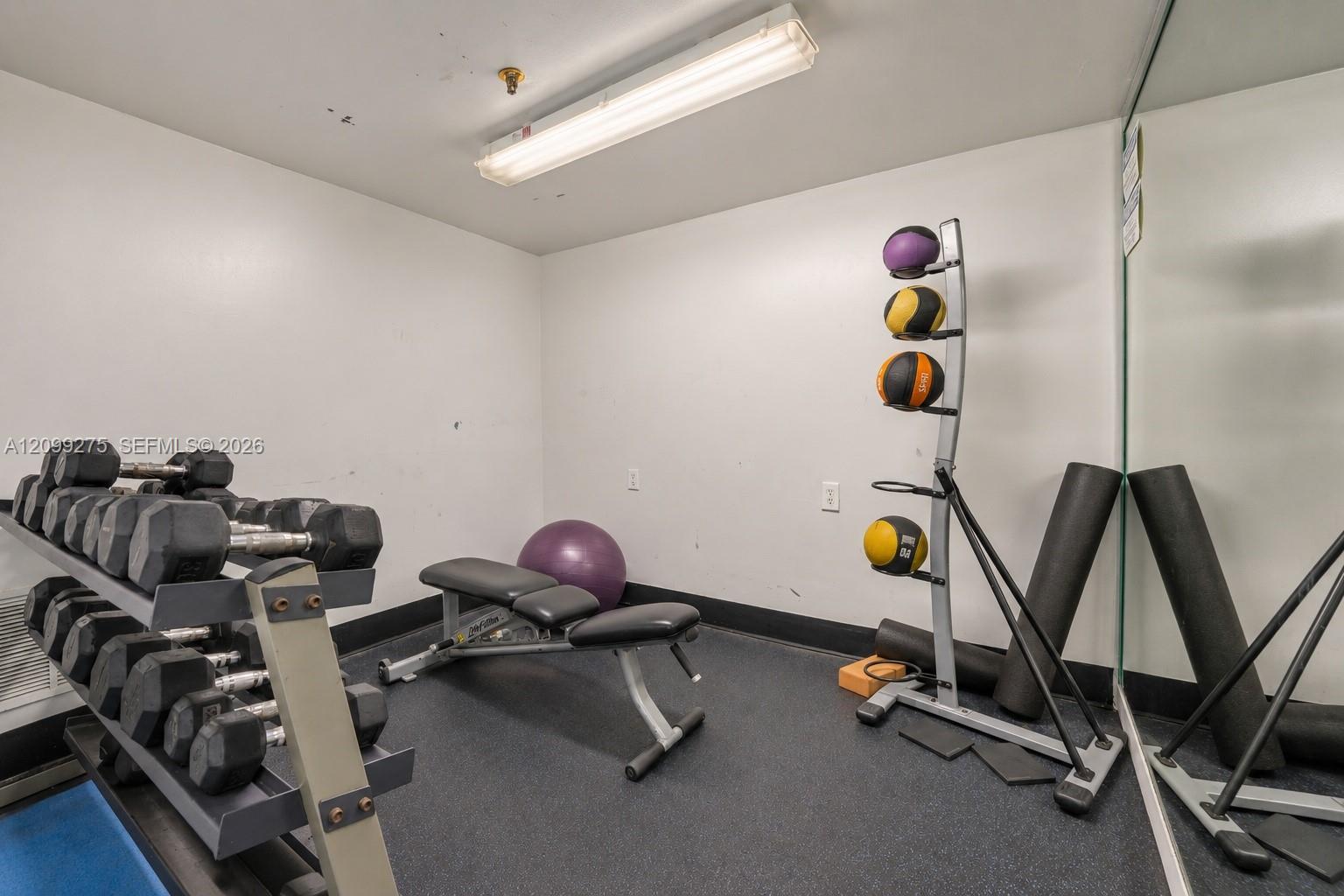 Fitness center featuring a dumbbell rack, adjustable workout bench, medicine balls, and foam rollers in a dedicated exercise area.