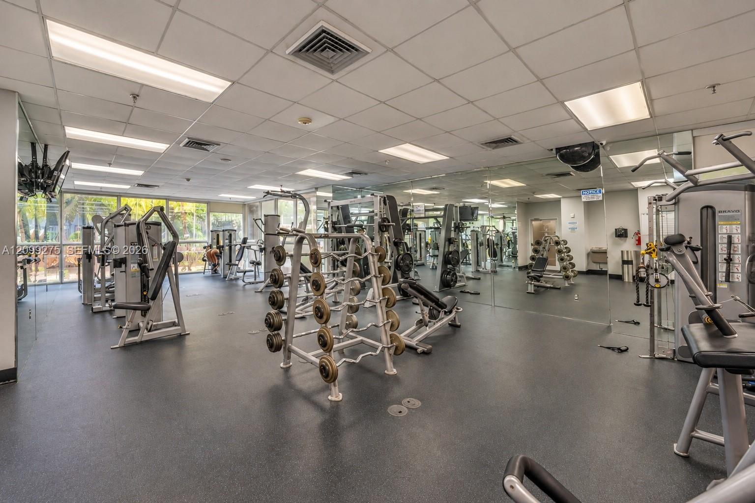 Well-equipped fitness center featuring a variety of strength-training machines, free weights, and mirrored walls, providing residents with a convenient space to maintain an active lifestyle.