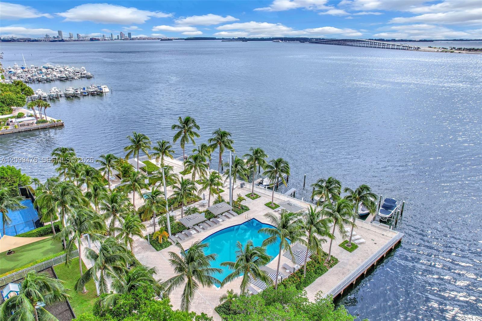 Waterfront grounds featuring a swimming pool, paved patio, private dock, and mature palm trees