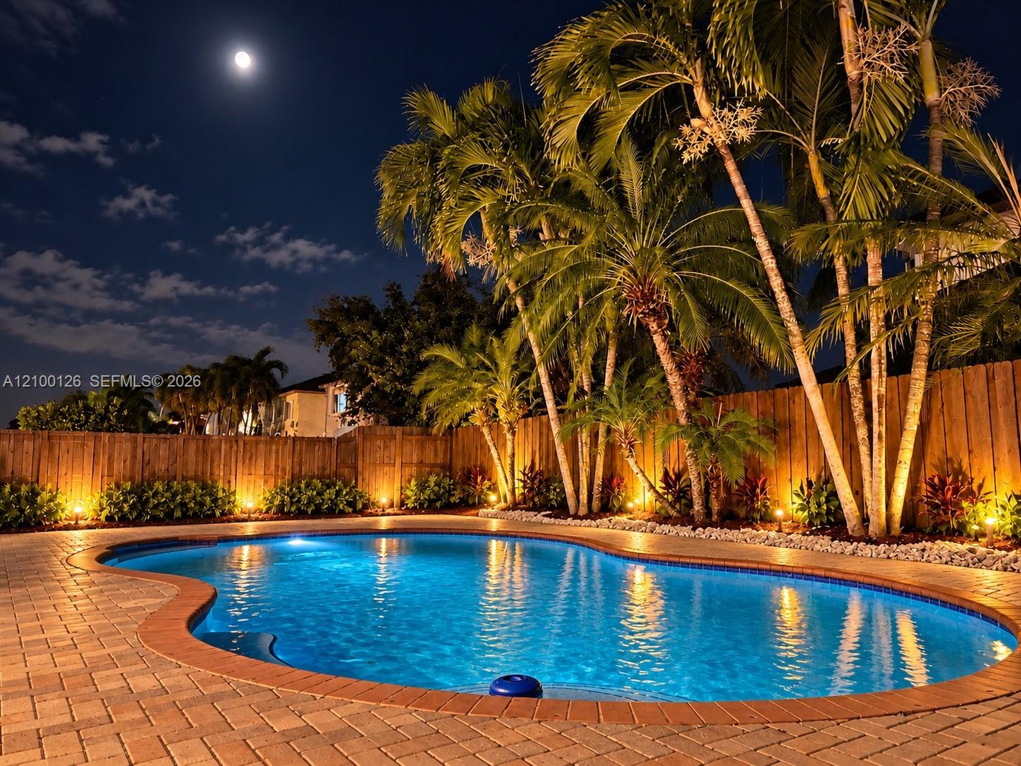 Custom-shaped swimming pool with a brick-paver deck, mature palm trees, perimeter landscaping, and a solid wood privacy fence