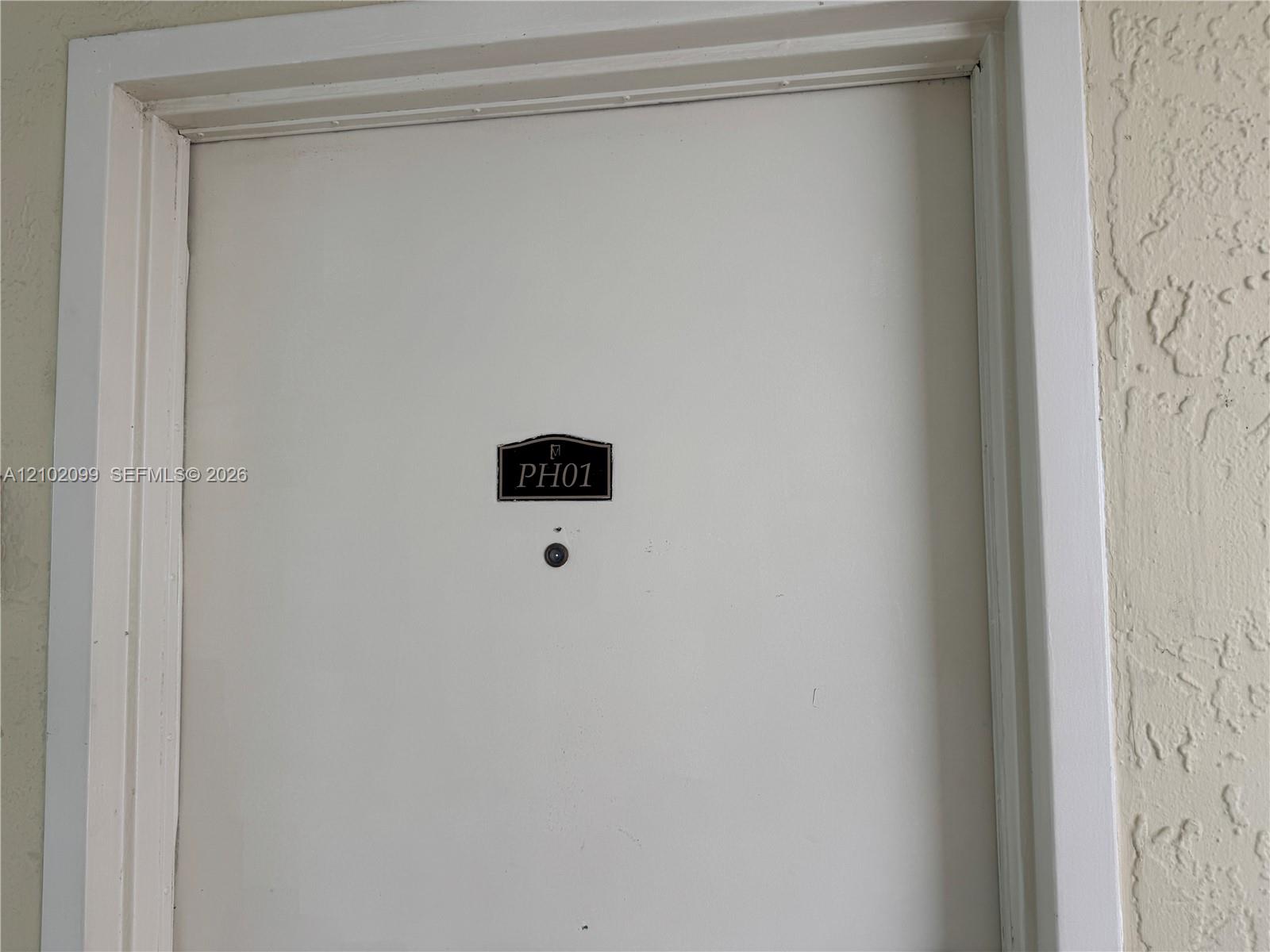 Solid-core white entry door featuring an arched metal identification plaque and a built-in security peephole, set within a neutral-toned textured wall