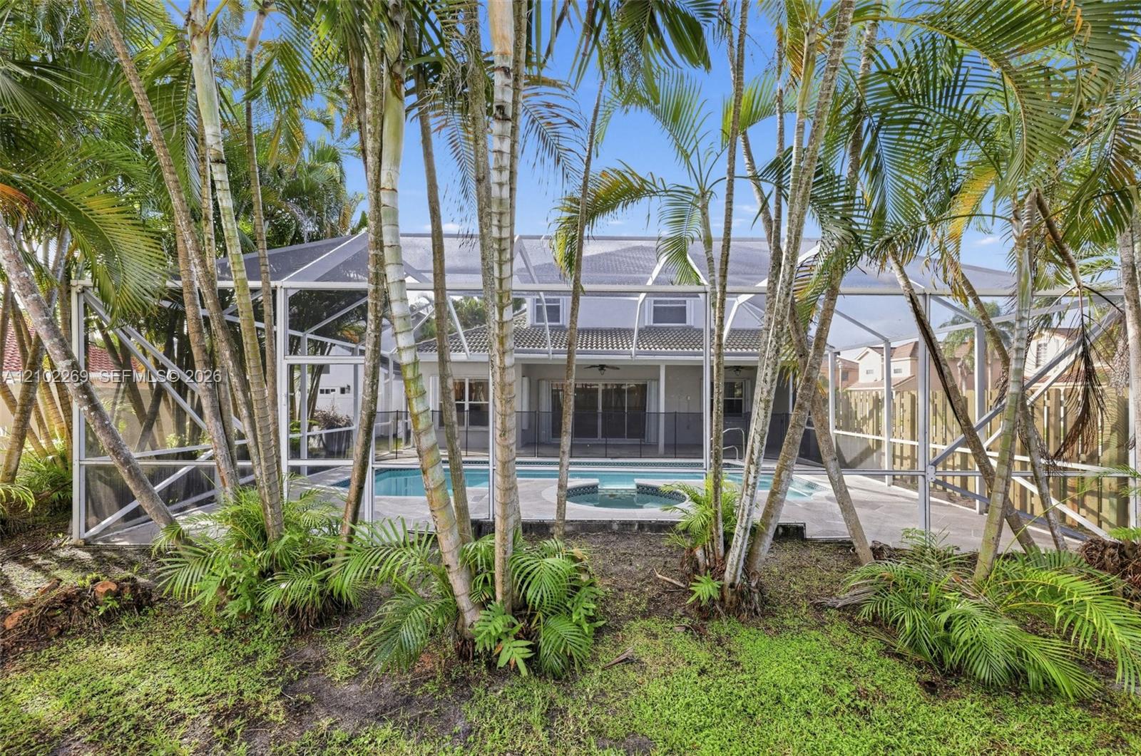 Screened-in patio featuring a swimming pool, integrated spa, and concrete deck, surrounded by established palm trees