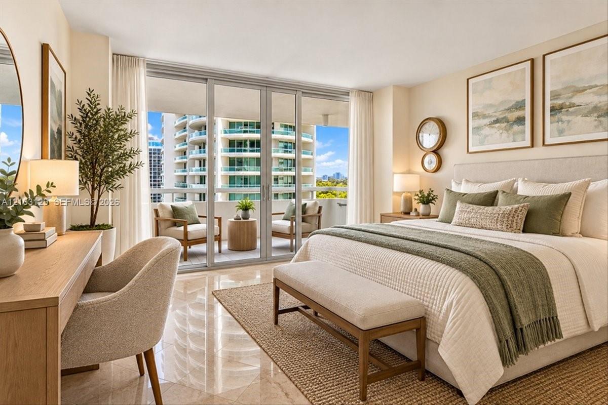 Floor-to-ceiling sliding glass doors, private balcony, neutral-toned polished stone flooring, and expansive windows