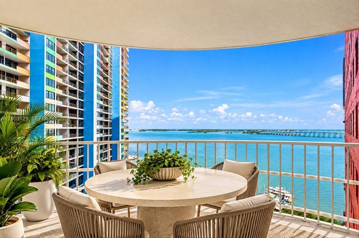 Covered balcony featuring white metal railings and expansive water, bridge, and coastal horizon scenery