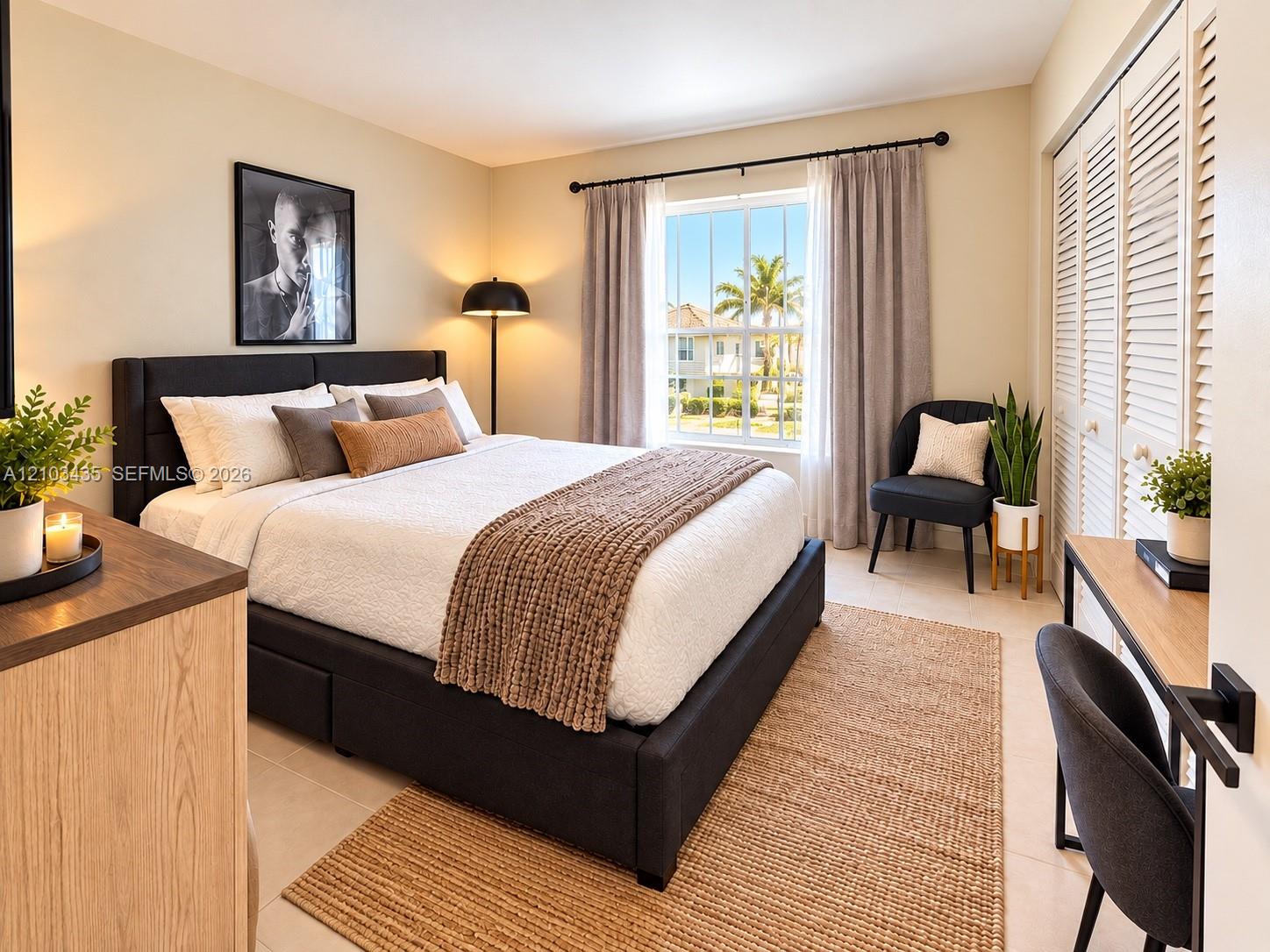 Bedroom featuring large window with muntins, neutral tile flooring, and dual bi-fold closet doors with louvered panels