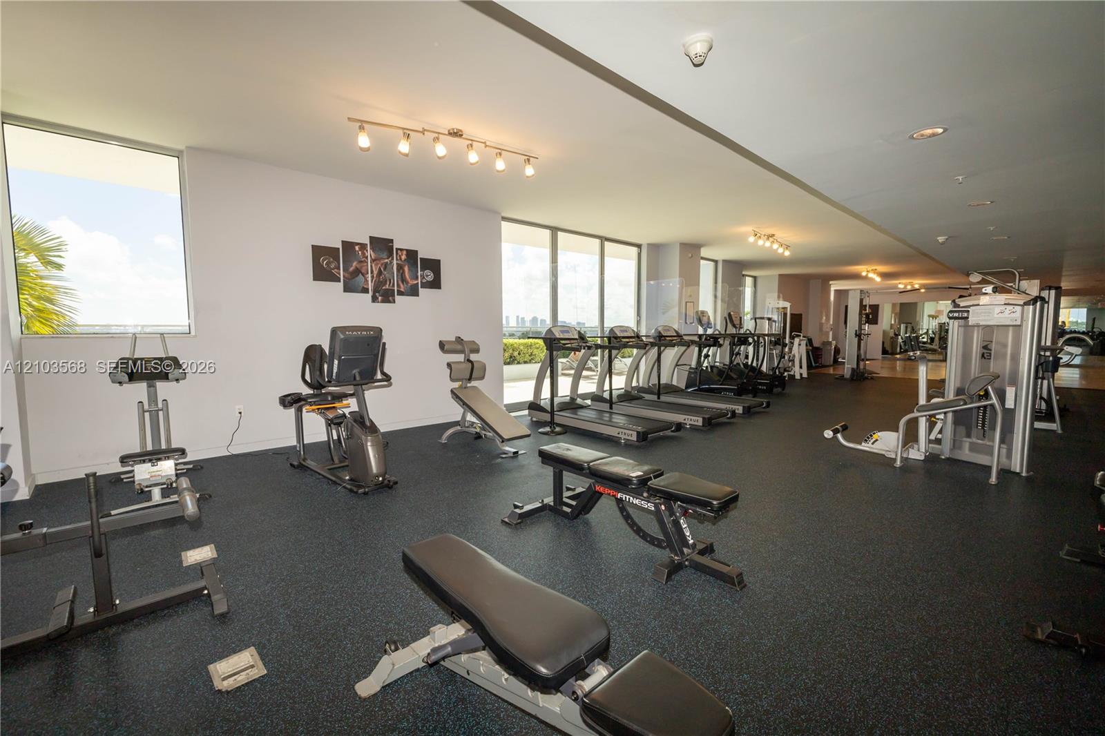 Fitness center featuring rubberized flooring, expansive floor-to-ceiling windows, and track lighting