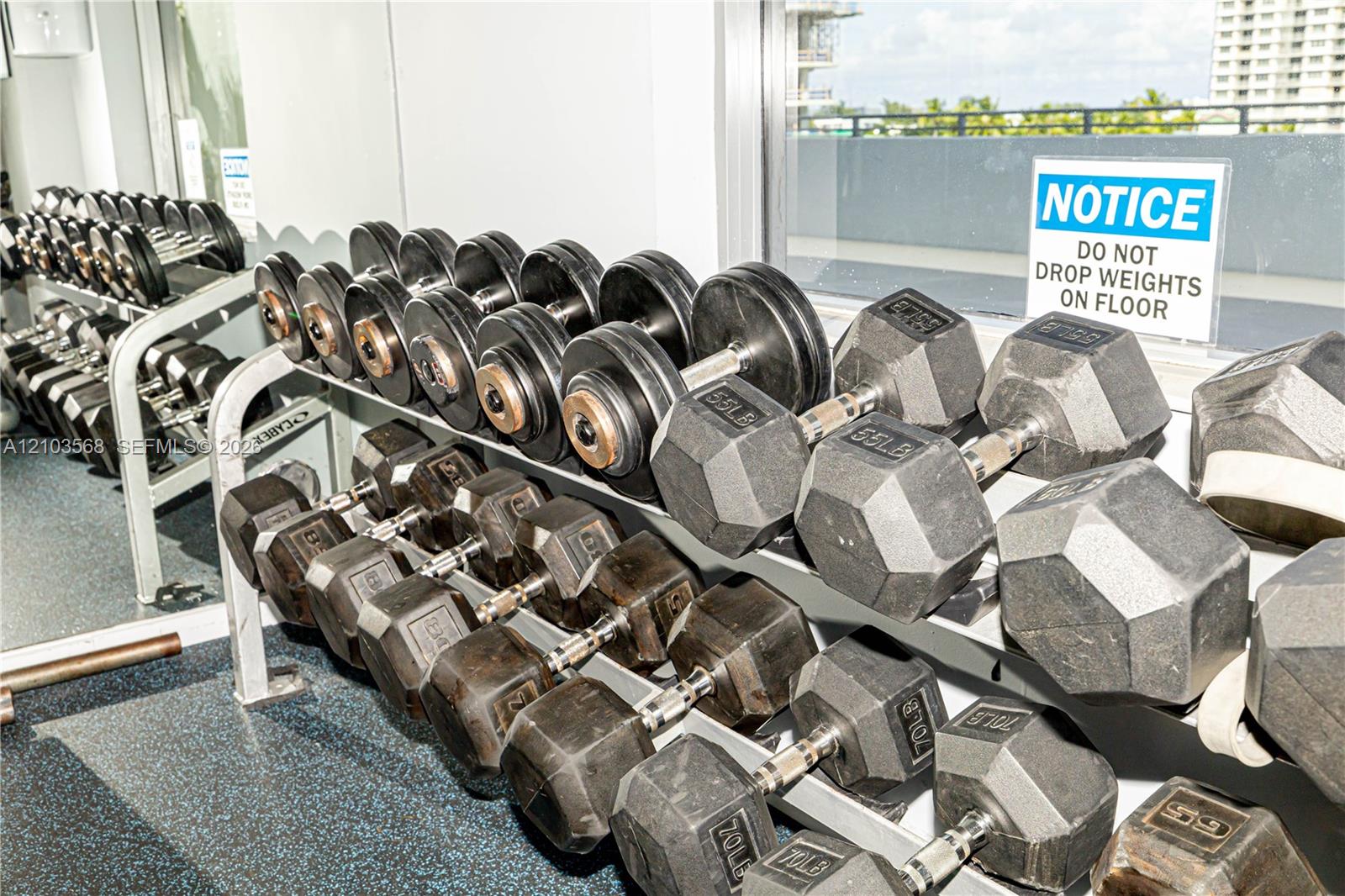 Fitness area featuring a multi-tier dumbbell rack with a comprehensive selection of metal hexagonal weights and rubberized flooring
