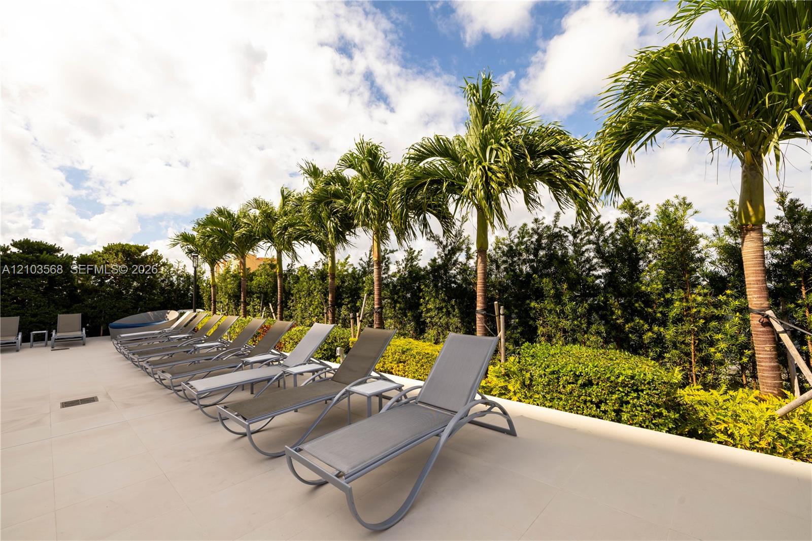 Outdoor terrace featuring large-format light-toned stone paving, mature palm trees, and dense evergreen landscaping