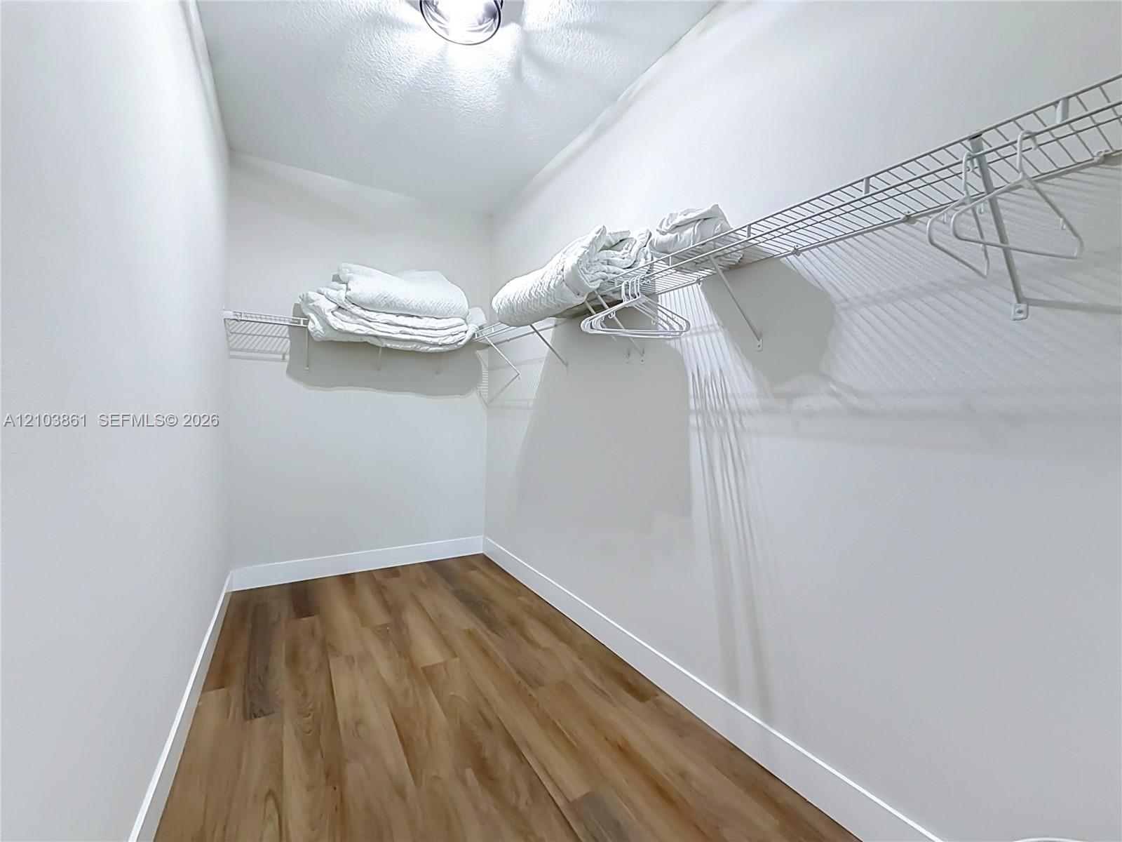 Walk-in closet featuring wood-finish flooring, white walls, and integrated wire shelving