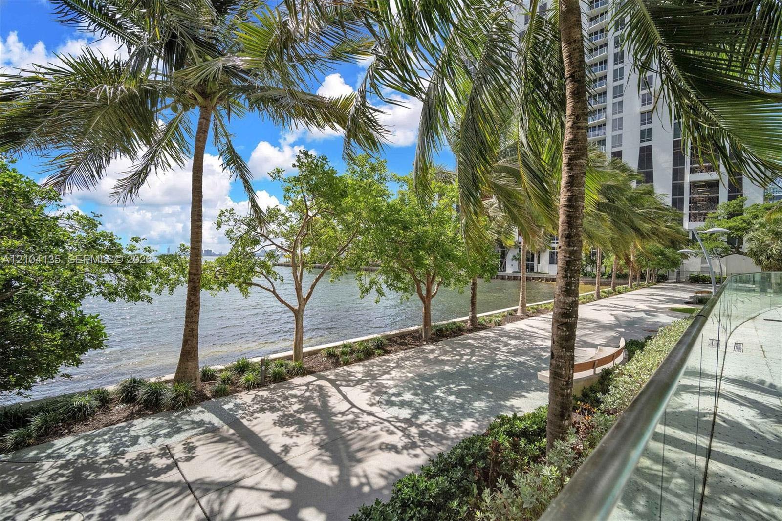 Waterfront paved promenade featuring mature palm trees, native landscaping, and a glass-paneled railing