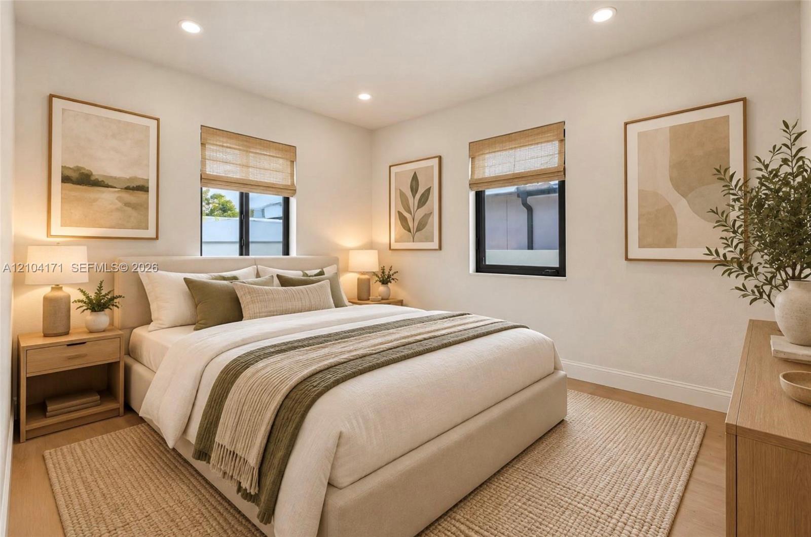 Neutral-toned interior featuring recessed lighting, two windows with black frames, and light wood-finish flooring