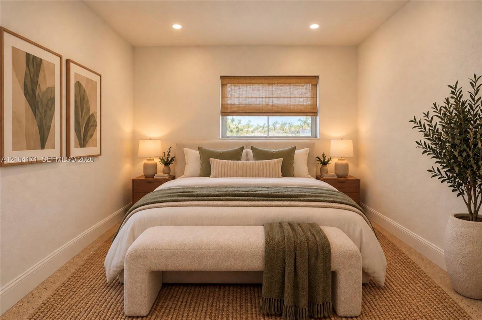 Neutral-toned interior space featuring recessed ceiling lighting, a single horizontal window with a woven shade, and natural fiber floor covering