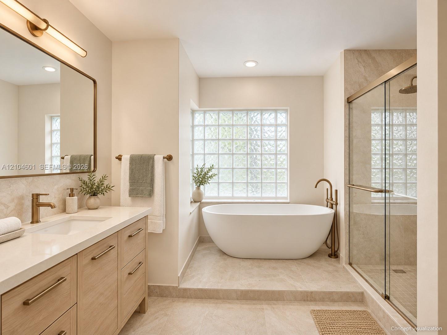 Bathroom featuring a wood-finish vanity with a light-toned countertop, a freestanding soaking tub, a glass-enclosed shower with tiled walls, and a glass block window
