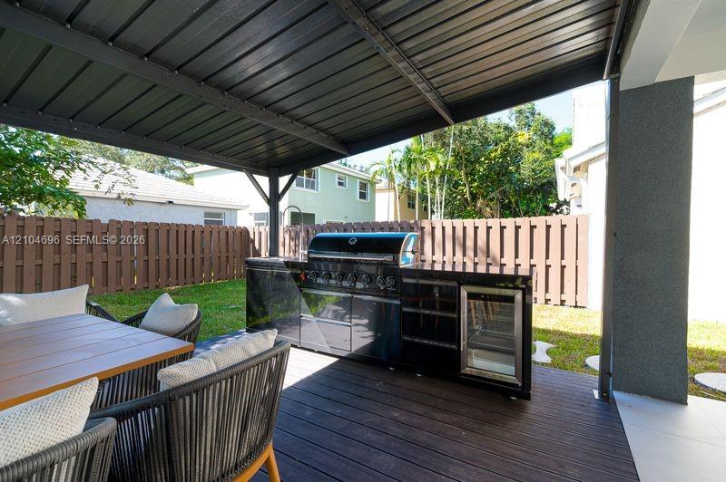Covered patio featuring a wood-finish deck and an outdoor kitchen equipped with a stainless steel grill and a built-in beverage refrigerator, enclosed by a privacy fence