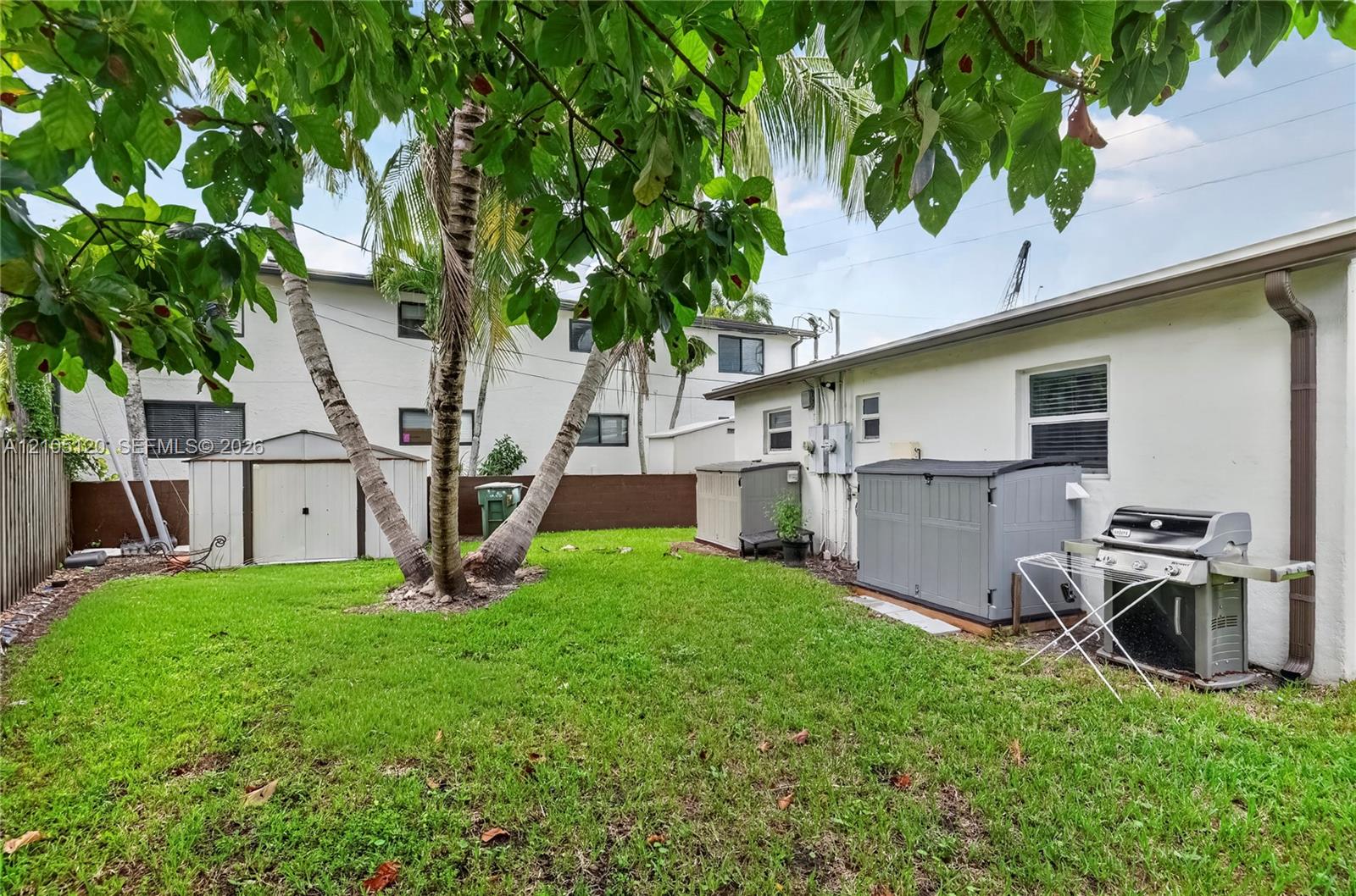 Backyard area featuring a manicured lawn, mature palm trees, and perimeter privacy fencing