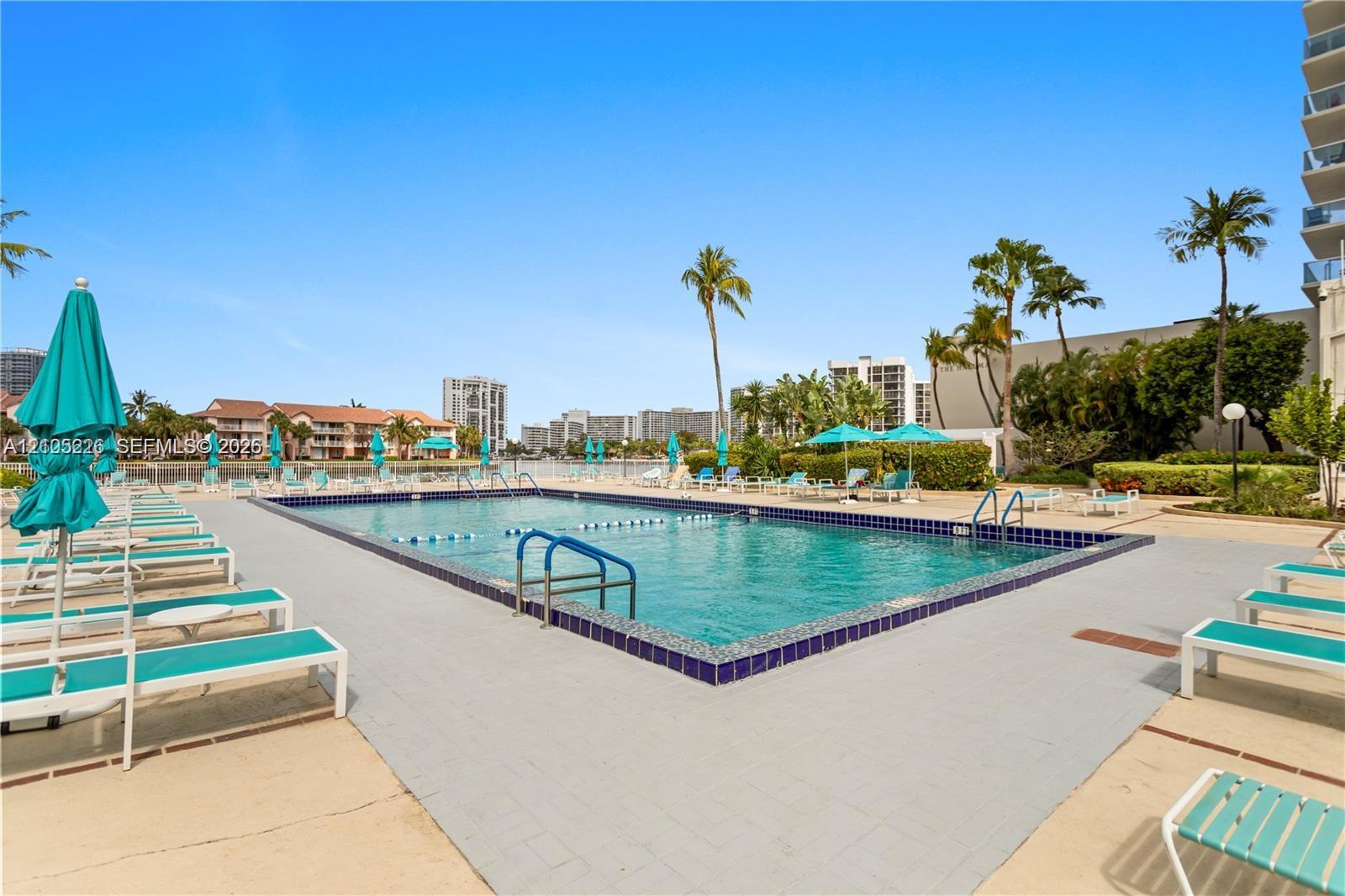 Swimming pool featuring a tiled perimeter, surrounded by a paved deck and mature palm trees