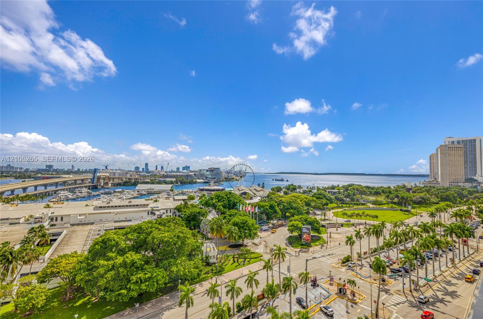 Elevated perspective featuring coastal waters, a marina, and palm-lined urban landscaping