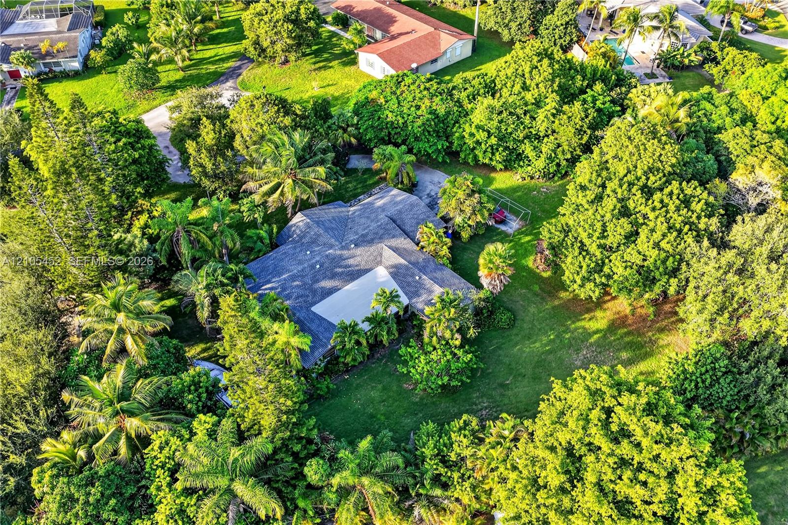 Aerial perspective of a multi-gabled roofline set amidst a landscaped lot with extensive mature tree canopy and sprawling green space