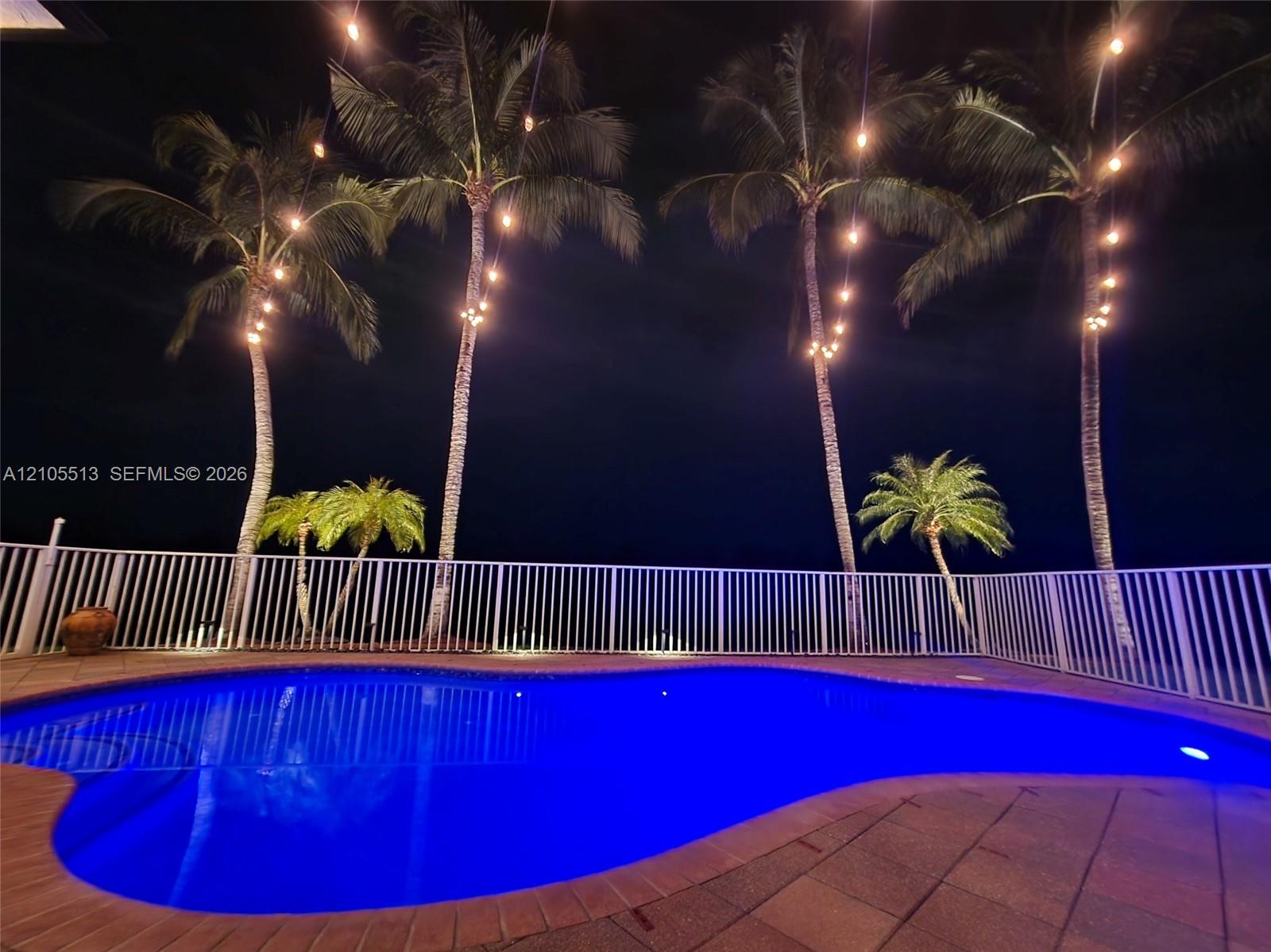 Night view of rear with automated multi-colored LED pool light & low voltage string lighting