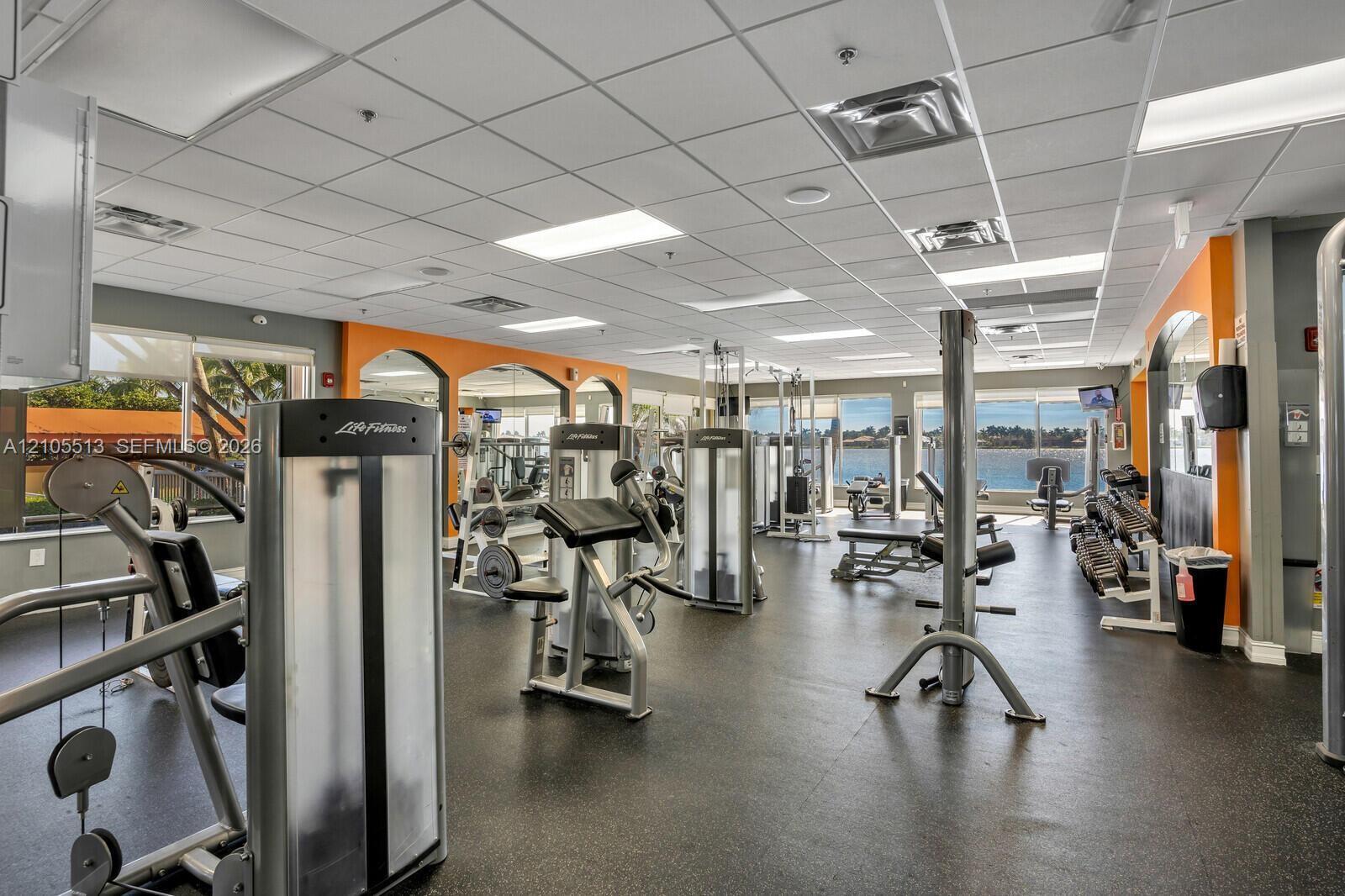 Fitness facility featuring high-impact rubber flooring, expansive windows, drop ceilings, and mirrored walls