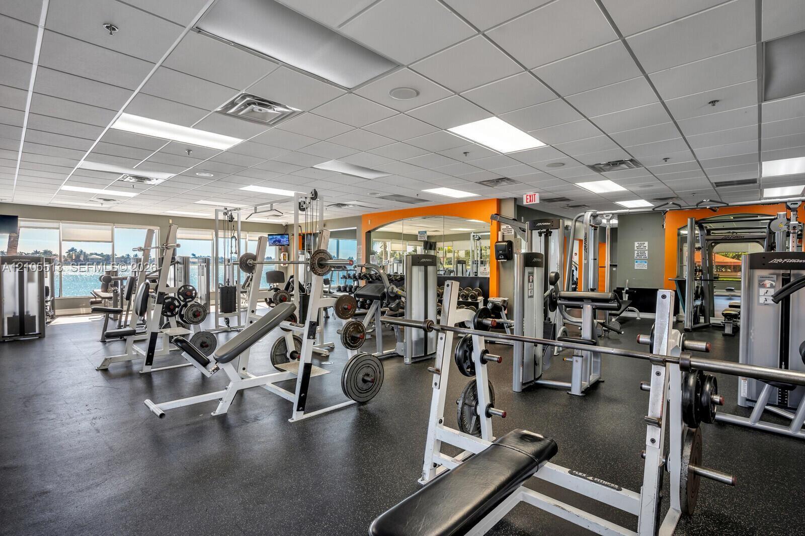 Fitness center featuring professional-grade exercise equipment, rubberized flooring, large wall-mounted mirrors, drop-ceiling panels with recessed lighting, and expansive windows