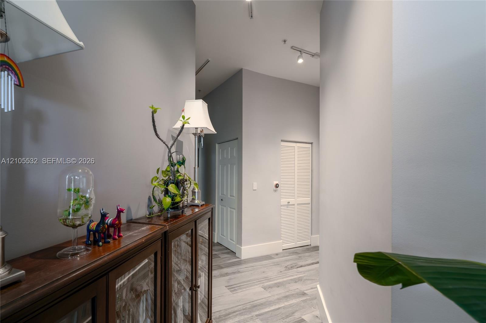 Interior hallway featuring neutral-toned walls, wood-finish plank flooring, and adjustable ceiling track lighting