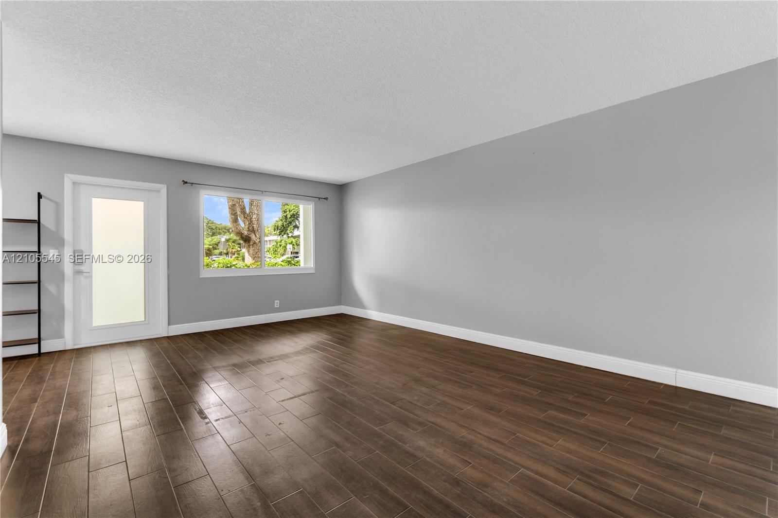Wood-finish plank tile flooring, light gray painted walls, a large window, a glass-paneled door, and a built-in shelving unit
