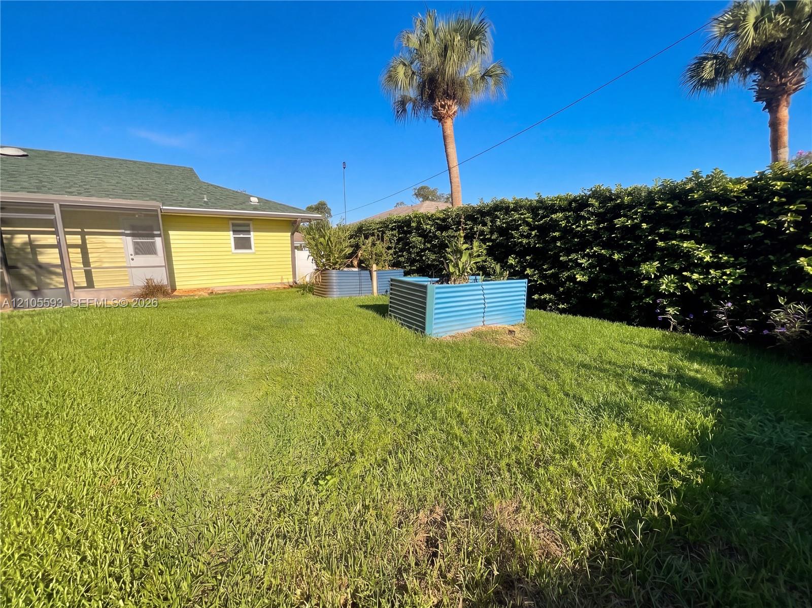 Backyard featuring a grass lawn, metal garden beds, and a perimeter hedge, complemented by an attached screened-in porch with horizontal siding